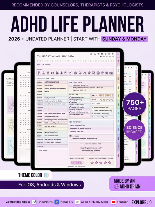 Reduce Brain Fog in 5 Minutes — The ADHD Digital Planner Designed to Work With Your Distractions, Not Against Them.