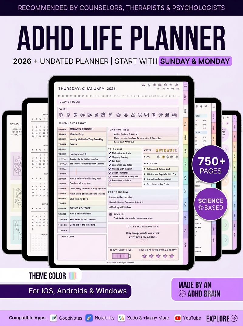 Reduce Brain Fog in 5 Minutes — The ADHD Digital Planner Designed to Work With Your Distractions, Not Against Them.